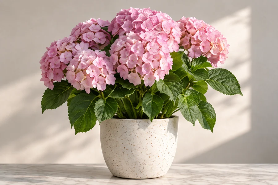 Hortensia rosa en maceta, imagen ilustrativa