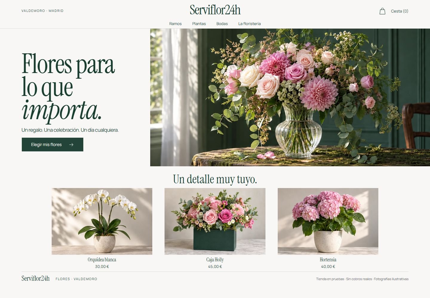 Demo de Serviflor24h, con catálogo de flores y navegación de la tienda