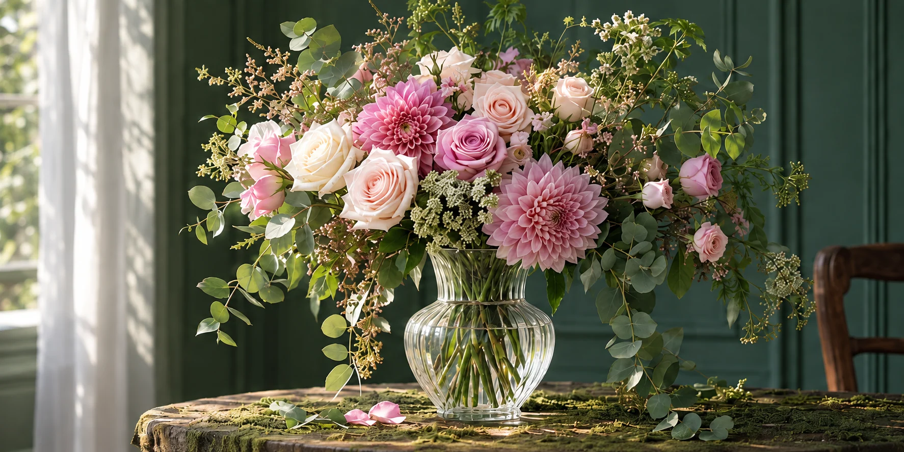 Composición de inspiración: flores rosas y blancas en un jarrón de cristal, junto a una ventana