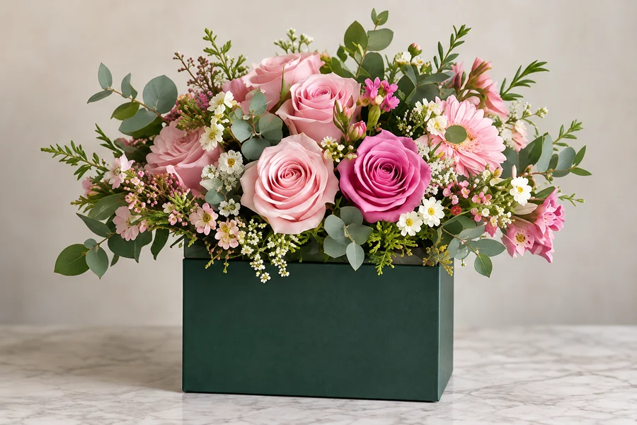 Flores rosas y crema en una caja verde, fotografía ilustrativa